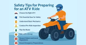 ATV rider in full safety gear leaning into a turn on a forest trail at sunset, demonstrating safe and exciting off-road riding technique.