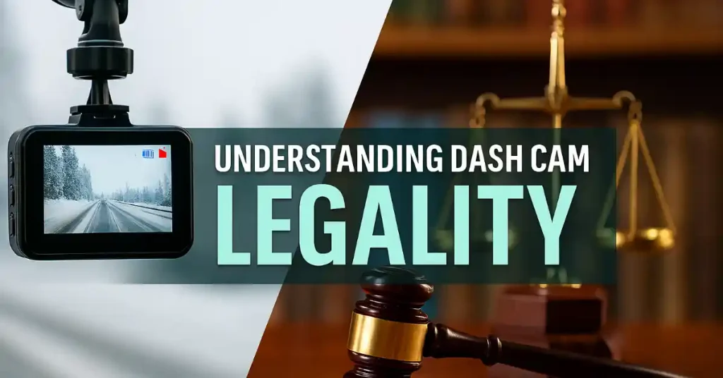 Split-image illustration of a dash cam mounted on a snowy road windshield beside courtroom scales and gavel, with overlaid text "Understanding Dash Cam Legality" for legal driving rights guide.