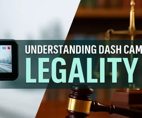 Split-Image Illustration Of A Dash Cam Mounted On A Snowy Road Windshield Beside Courtroom Scales And Gavel, With Overlaid Text &Quot;Understanding Dash Cam Legality&Quot; For Legal Driving Rights Guide.