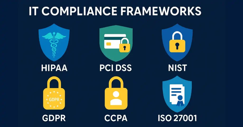 IT compliance frameworks infographic showcasing HIPAA, PCI DSS, NIST, GDPR, CCPA, and ISO 27001 icons for business data security standards.