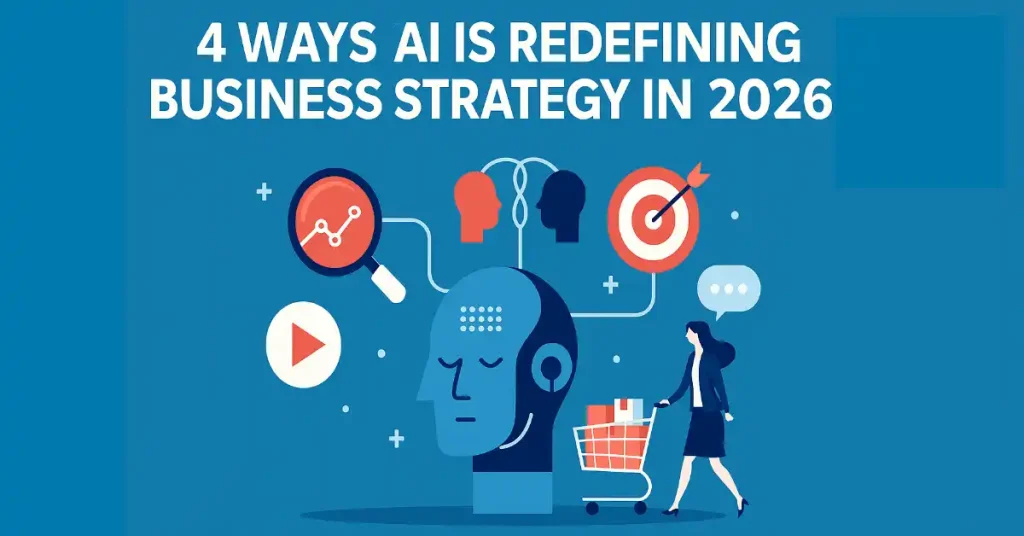 Illustrative graphic on blue background featuring "4 Ways AI is Redefining Business Strategy in 2026" headline, central AI humanoid head with headphones and data nodes, businesswoman pushing shopping cart, and icons for analysis (magnifying glass), collaboration (linked heads), targeting (bullseye), and communication