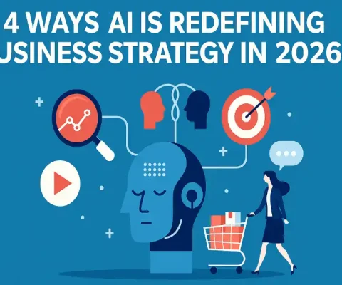 Illustrative Graphic On Blue Background Featuring &Quot;4 Ways Ai Is Redefining Business Strategy In 2026&Quot; Headline, Central Ai Humanoid Head With Headphones And Data Nodes, Businesswoman Pushing Shopping Cart, And Icons For Analysis (Magnifying Glass), Collaboration (Linked Heads), Targeting (Bullseye), And Communication
