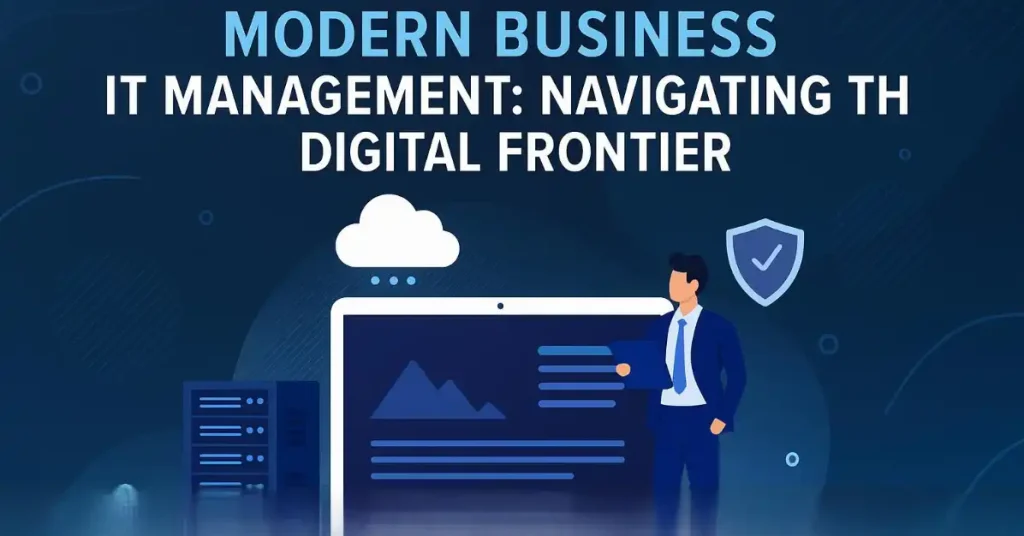 Dynamic illustration of a diverse team collaborating in a high-tech office, overlaid with digital networks, cloud icons, and data analytics dashboards representing modern business IT management.