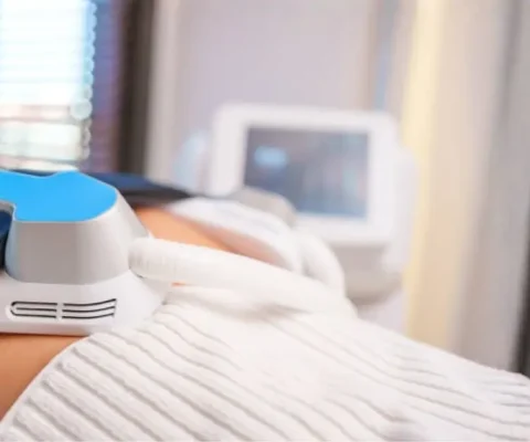 Close-Up Of An Ems Sculptor Device Treatment On A Person'S Body, Highlighting The Non-Invasive Applicator Secured With A Strap, With A Digital Control Screen Visible In The Soft-Focus Background.