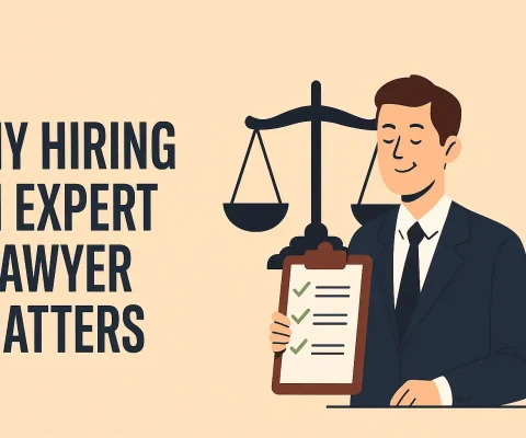 Illustration Of A Professional Lawyer Holding A Checklist With Checkmarks, Standing Beside A Balance Scale, Titled &Quot;Why Hiring An Expert Lawyer Matters&Quot; To Highlight Benefits Of Legal Expertise.