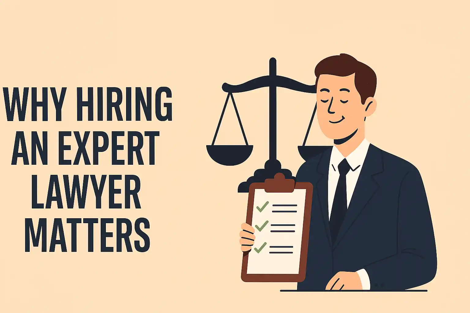 Illustration of a professional lawyer holding a checklist with checkmarks, standing beside a balance scale, titled "Why Hiring an Expert Lawyer Matters" to highlight benefits of legal expertise.