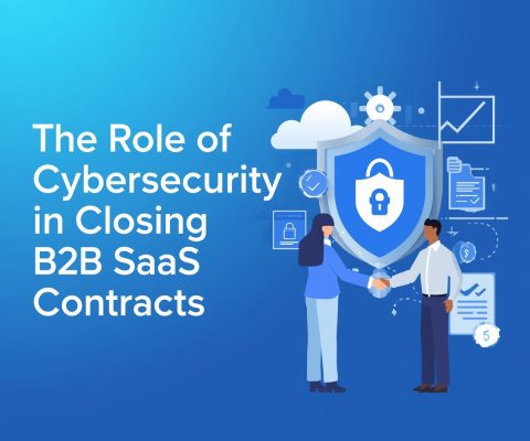Business Professionals Shaking Hands Beside A Shield With A Lock Icon, Symbolizing Cybersecurity And Trust In B2B Saas Contract Agreements.