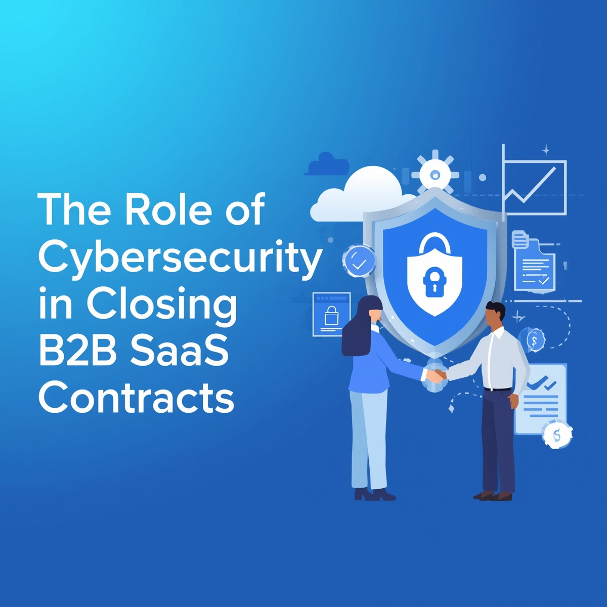 Business professionals shaking hands beside a shield with a lock icon, symbolizing cybersecurity and trust in B2B SaaS contract agreements.