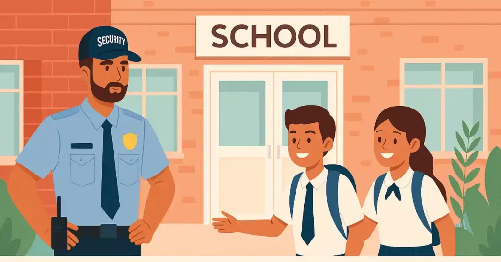 Friendly school security guard in blue uniform and cap greeting two smiling uniformed students—a boy and girl with backpacks—outside a brick school building entrance under a clear sky, emphasizing campus safety and welcoming environment.