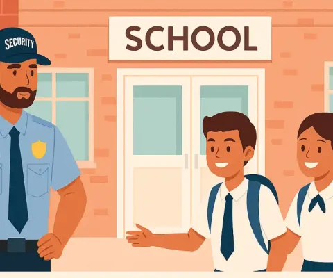 Friendly School Security Guard In Blue Uniform And Cap Greeting Two Smiling Uniformed Students—A Boy And Girl With Backpacks—Outside A Brick School Building Entrance Under A Clear Sky, Emphasizing Campus Safety And Welcoming Environment.