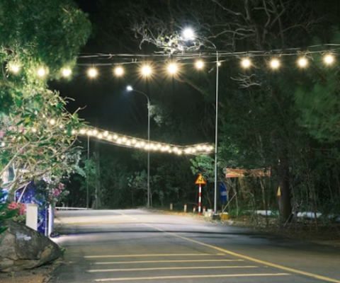 Well-Lit Rural Road At Night With Overhead String Lights And Led Street Lamps Illuminating The Path Through Trees.