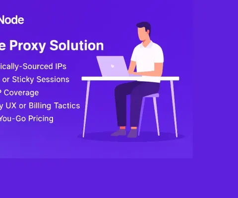 Illustration Of A Professional Using Simplynode Proxy On A Laptop, Highlighting Features Like Ethically Sourced Ips, Rotating Sessions, Global Coverage, And Pay-As-You-Go Pricing In A Minimalist Purple Design