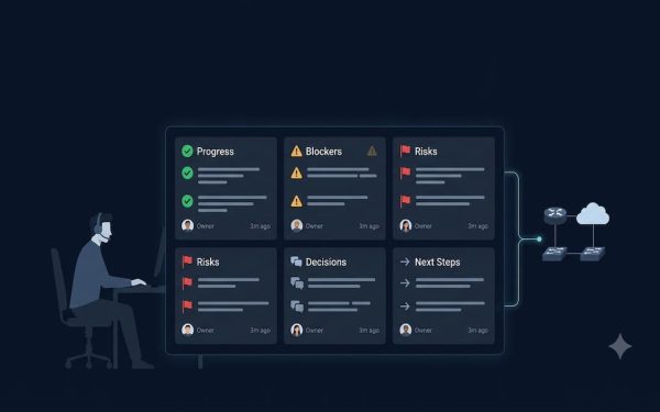 It Professional Reviewing A Real-Time Team Performance Dashboard Showing Blockers, Risks, Decisions, And Next Steps For A Network Operations Team