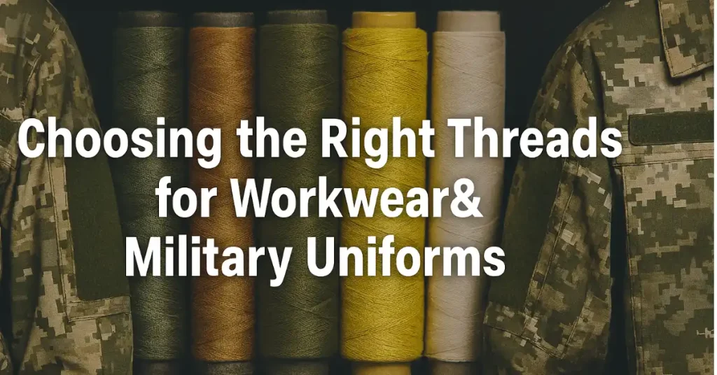 Vibrant spools of green, brown, yellow, and white threads beside camouflage military uniforms, illustrating durable sewing options for workwear and tactical gear.