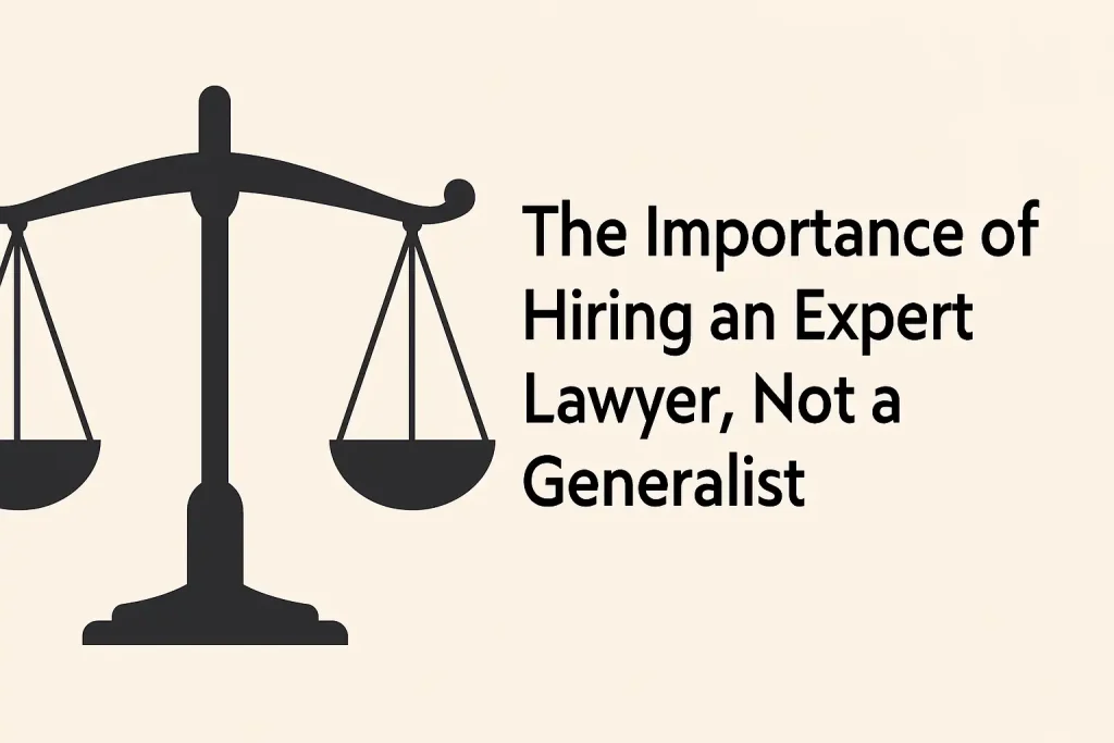 Black silhouette of scales of justice beside bold text “The Importance of Hiring an Expert Lawyer, Not a Generalist” emphasizing specialized legal representation.