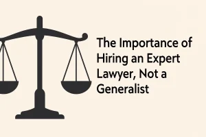 Black silhouette of scales of justice beside bold text “The Importance of Hiring an Expert Lawyer, Not a Generalist” emphasizing specialized legal representation.