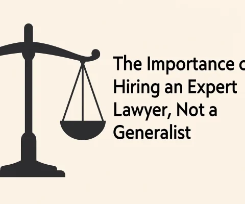 Black Silhouette Of Scales Of Justice Beside Bold Text “The Importance Of Hiring An Expert Lawyer, Not A Generalist” Emphasizing Specialized Legal Representation.