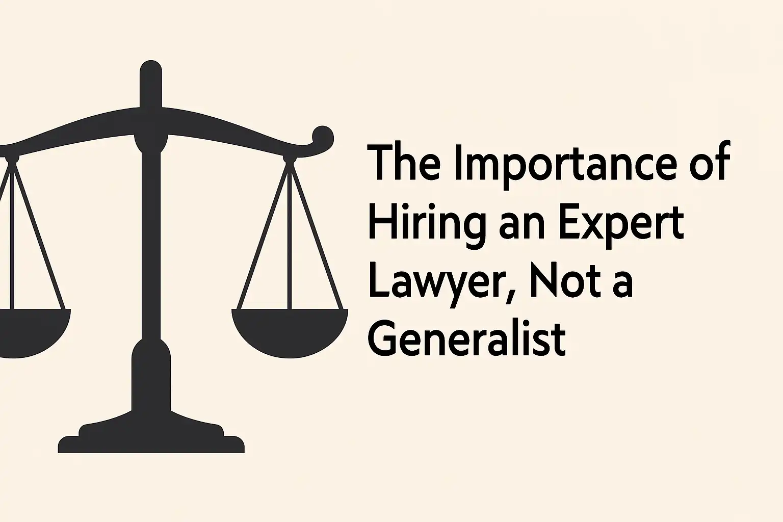 Black silhouette of scales of justice beside bold text “The Importance of Hiring an Expert Lawyer, Not a Generalist” emphasizing specialized legal representation.