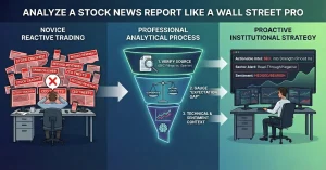 A digital illustration of stock market charts and a news report interface, visualizing the "expectation gap" in trading. The image represents using AI tools like Bika.ai to analyze financial news like a Wall Street professional.