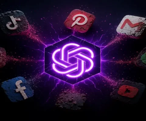 Central Glowing Hexagon With The Chatgpt Logo Radiates Energy, Surrounded By Dissolving App Icons—Symbolizing Chatgpt’s Disruption Of Digital Identity.