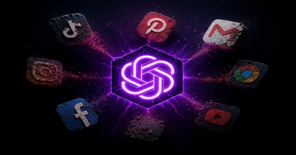 Central glowing hexagon with the ChatGPT logo radiates energy, surrounded by dissolving app icons—symbolizing ChatGPT’s disruption of digital identity.