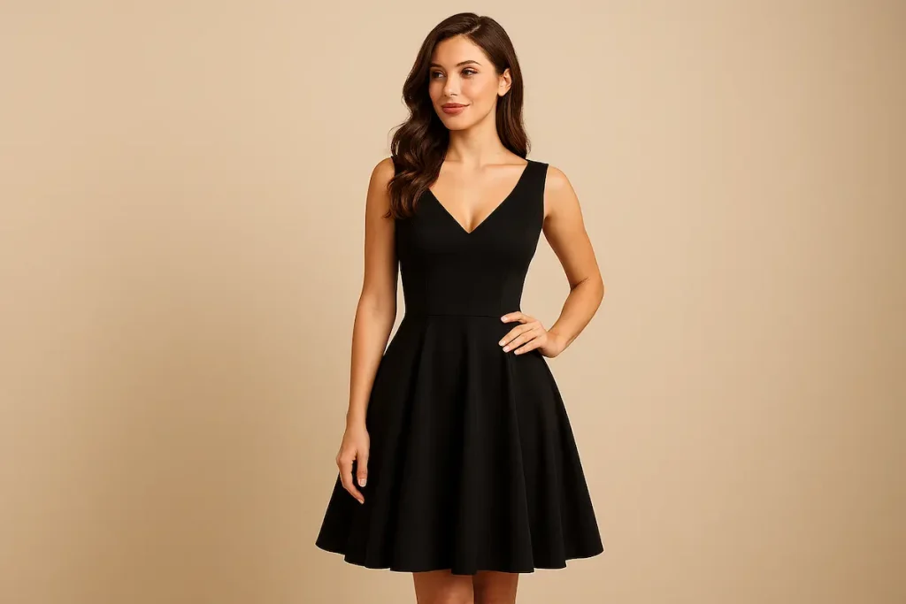 Woman in a black cocktail dress standing confidently in front of a neutral background, representing diverse body types and flattering silhouettes.