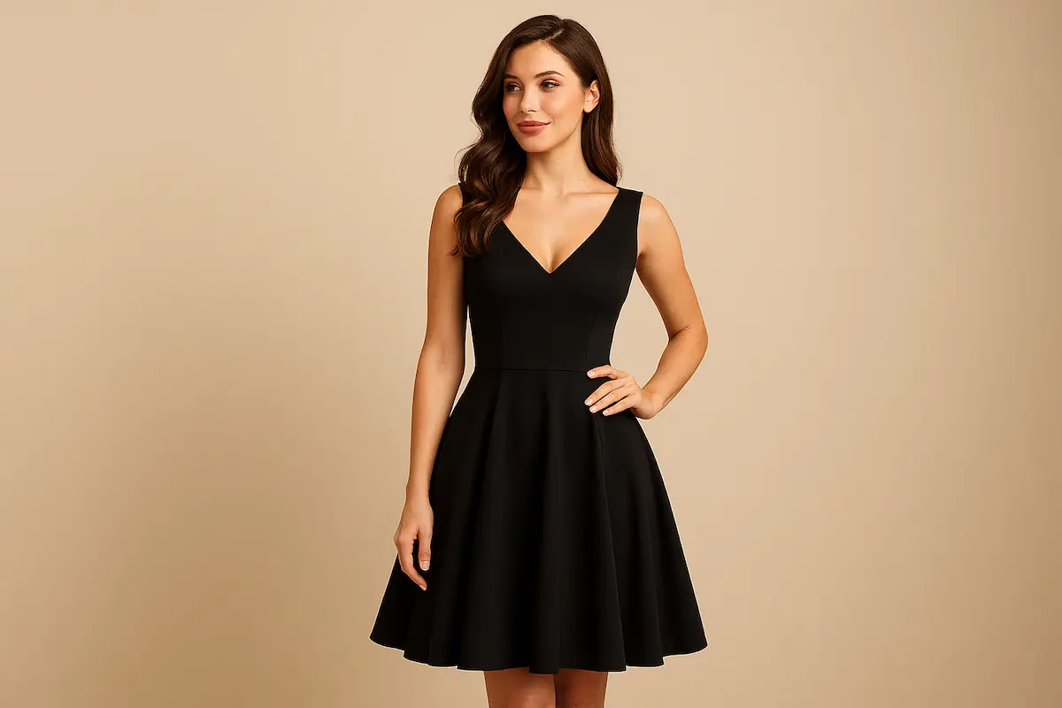 Woman in a black cocktail dress standing confidently in front of a neutral background, representing diverse body types and flattering silhouettes.