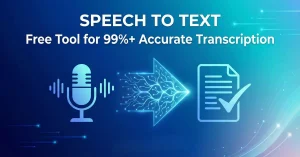 A feature image depicting the process of high-accuracy speech-to-text conversion using an AI tool like Vomo.ai. It shows a microphone transforming into a digital document, emphasizing the free, fast, and 99%+ accurate transcription service.
