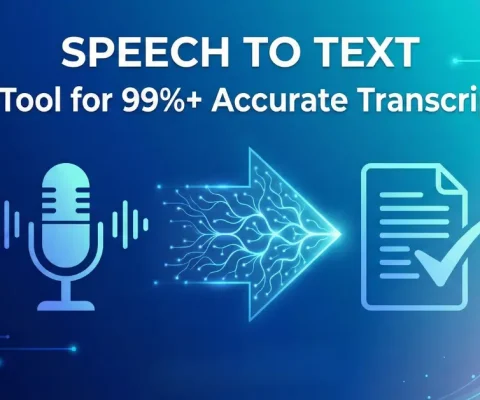 A Feature Image Depicting The Process Of High-Accuracy Speech-To-Text Conversion Using An Ai Tool Like Vomo.ai. It Shows A Microphone Transforming Into A Digital Document, Emphasizing The Free, Fast, And 99%+ Accurate Transcription Service.