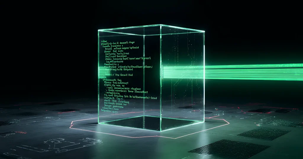 Futuristic transparent cube displaying glowing green holographic smart contract code, scanned by laser beams on a circuit board background, symbolizing blockchain security and smart contract auditing.