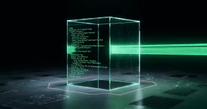 Futuristic transparent cube displaying glowing green holographic smart contract code, scanned by laser beams on a circuit board background, symbolizing blockchain security and smart contract auditing.
