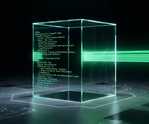 Futuristic Transparent Cube Displaying Glowing Green Holographic Smart Contract Code, Scanned By Laser Beams On A Circuit Board Background, Symbolizing Blockchain Security And Smart Contract Auditing.