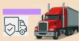Red semi-truck with trailer and protection shield icon illustrating extended warranty coverage for commercial trucks