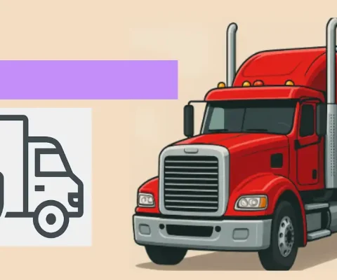 Red Semi-Truck With Trailer And Protection Shield Icon Illustrating Extended Warranty Coverage For Commercial Trucks