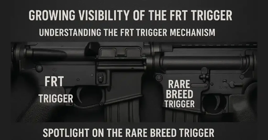 Close-up view of a Rare Breed FRT-15 forced reset trigger installed in an AR-15 rifle, highlighting the innovative rapid reset mechanism for enhanced semi-automatic performance.