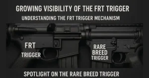 Close-up view of a Rare Breed FRT-15 forced reset trigger installed in an AR-15 rifle, highlighting the innovative rapid reset mechanism for enhanced semi-automatic performance.