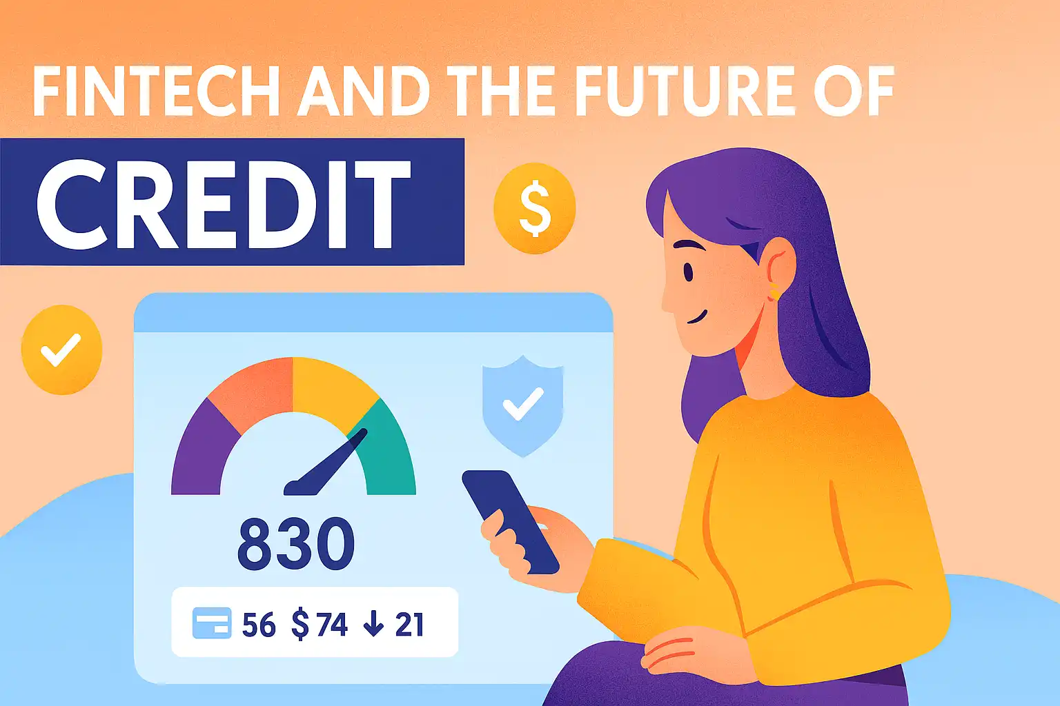 Young girl using fintech app to monitor credit score on smartphone in 2025