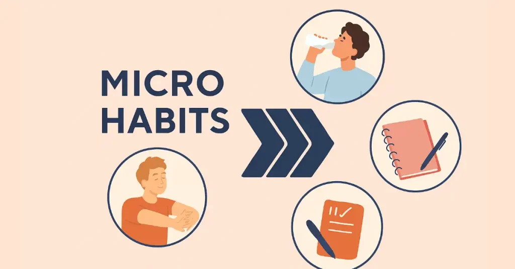 Illustrative graphic of micro habits showing a person stretching, drinking water, and journaling to represent small daily actions for big lifestyle changes.