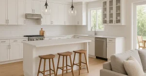 Modern open-concept kitchen with white shaker cabinets, large central island, wooden bar stools, pendant lights, and seamless flow into living area for airy, cohesive design.