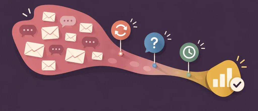 Master How To Launch An Outbound Campaign In 14 Days: A Practical Framework 4 Illustration Of Raw Campaign Replies Narrowing Into Identified Patterns, Marked By Icons For Recurring Objections, Clarification Requests, And Timing Feedback