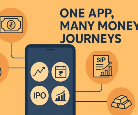 Smartphone App Showcasing Multiple Investment Options Including Stocks, Sip, Ipo, And Gold With Headline One App, Many Money Journeys