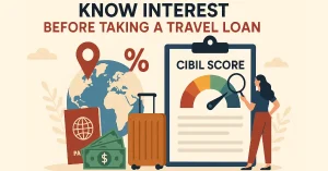 Woman examining CIBIL score gauge with travel icons like globe, passport, suitcase, and money, under headline Know Interest Before Taking a Travel Loan