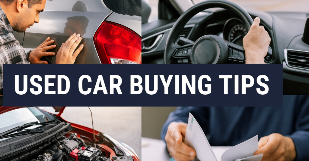 Used car buying tips 2025: collage showing buyer inspecting exterior paint and taillight, test driving, checking engine under the hood, and reviewing service documents