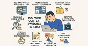 Illustration of a frustrated developer at a laptop, surrounded by icons and labels highlighting common disruptions to developer flow: too many context switches in a day, excessive tools without clear entry, waiting on access, searching before writing code, unclear ownership creating hesitation, untrusted documentation, time-wasting setups and environments, and small interruptions that add up.