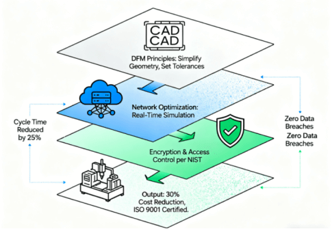 Workflow diagram of DFM implementation in IT-enabled manufacturing, showing steps from design to production with cybersecurity checkpoints