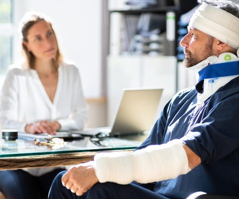 Injured Man With Head Bandage, Neck Brace And Arm Cast Sitting In Wheelchair During Insurance Claim Consultation With Female Agent