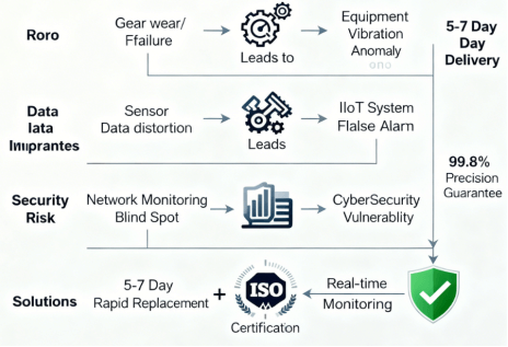 Figure 2: Caption: The domino effect of gear failure on industrial network security - from equipment vibration to data distortion and cybersecurity risks, highlighting the importance of rapid replacement solutions.
