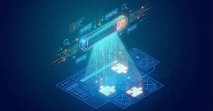 Isometric illustration of a search bar revealing missing content puzzles on a website blueprint, visualizing internal search analytics for a content audit.