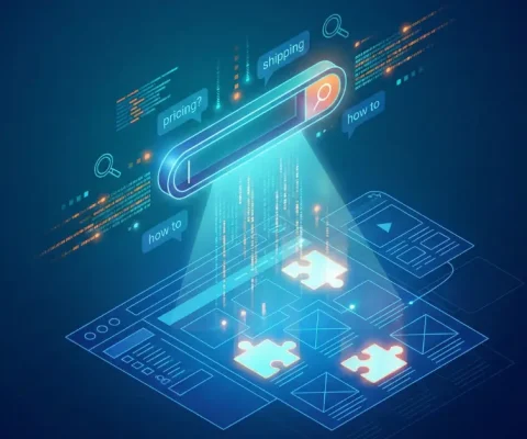 Isometric Illustration Of A Search Bar Revealing Missing Content Puzzles On A Website Blueprint, Visualizing Internal Search Analytics For A Content Audit.