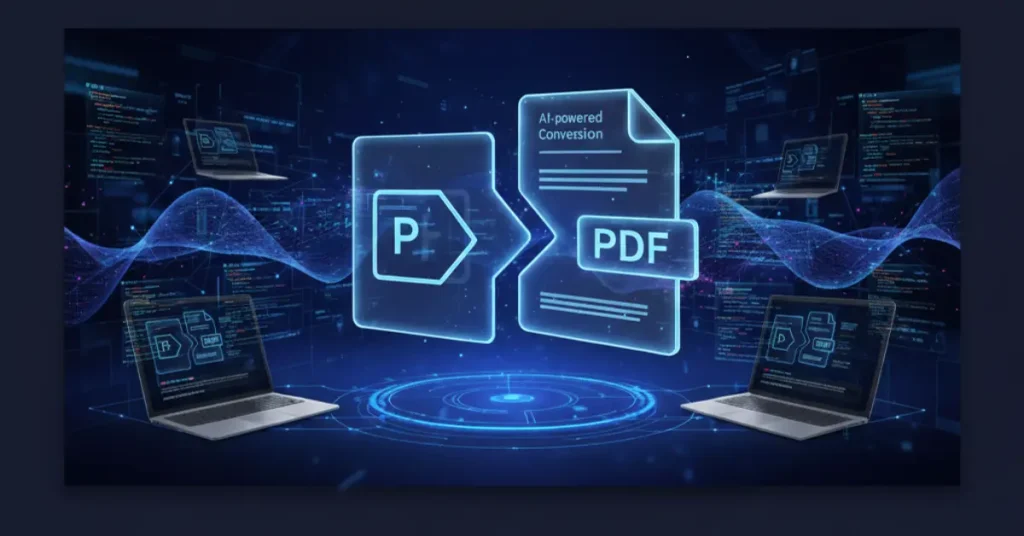 Digital illustration of PPT to PDF conversion using AI, with glowing file icons and laptops exchanging data